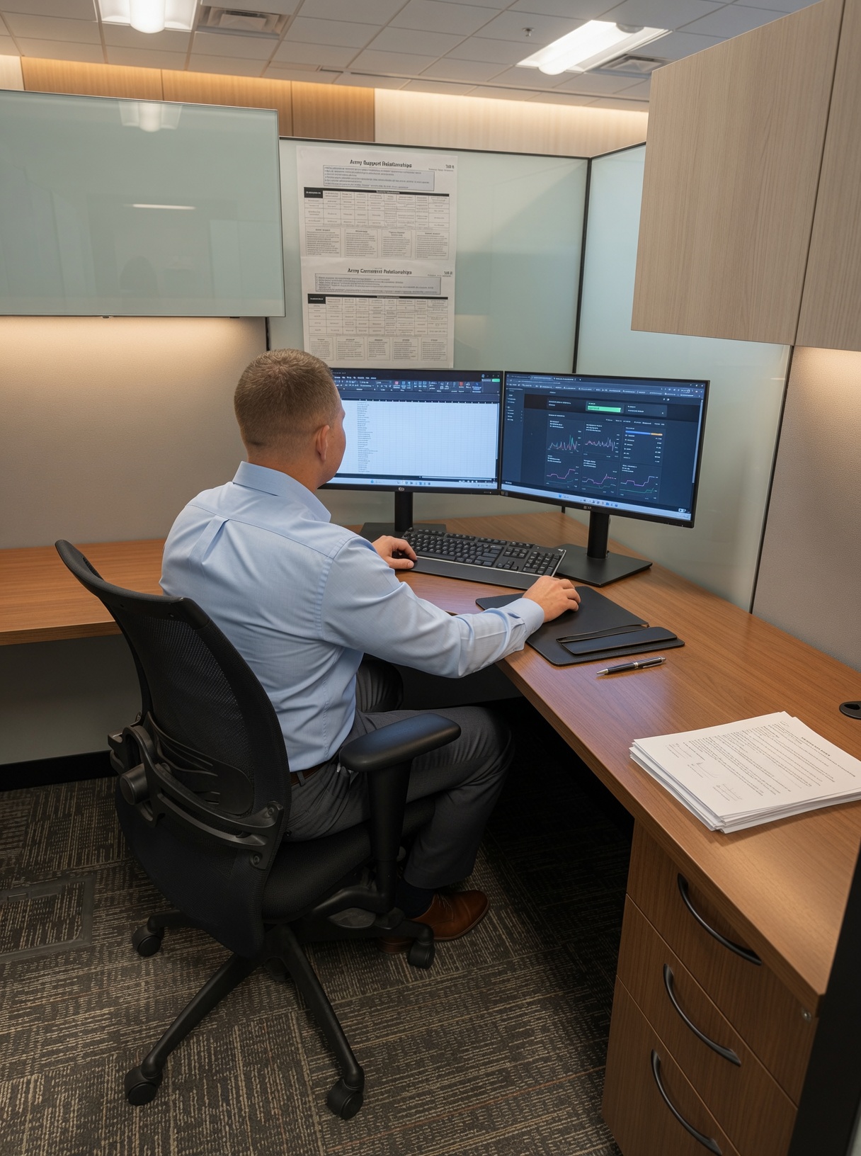TruLeads partner Seth Church working at a dual-monitor setup, building automation systems for small businesses